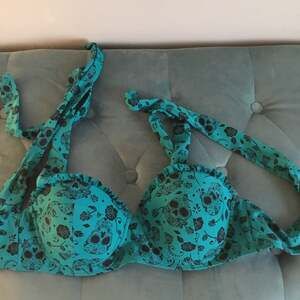 Midnight Hour Sugar Skull & Rose Teal Bikini Top, Rockabilly Halter, Size M
